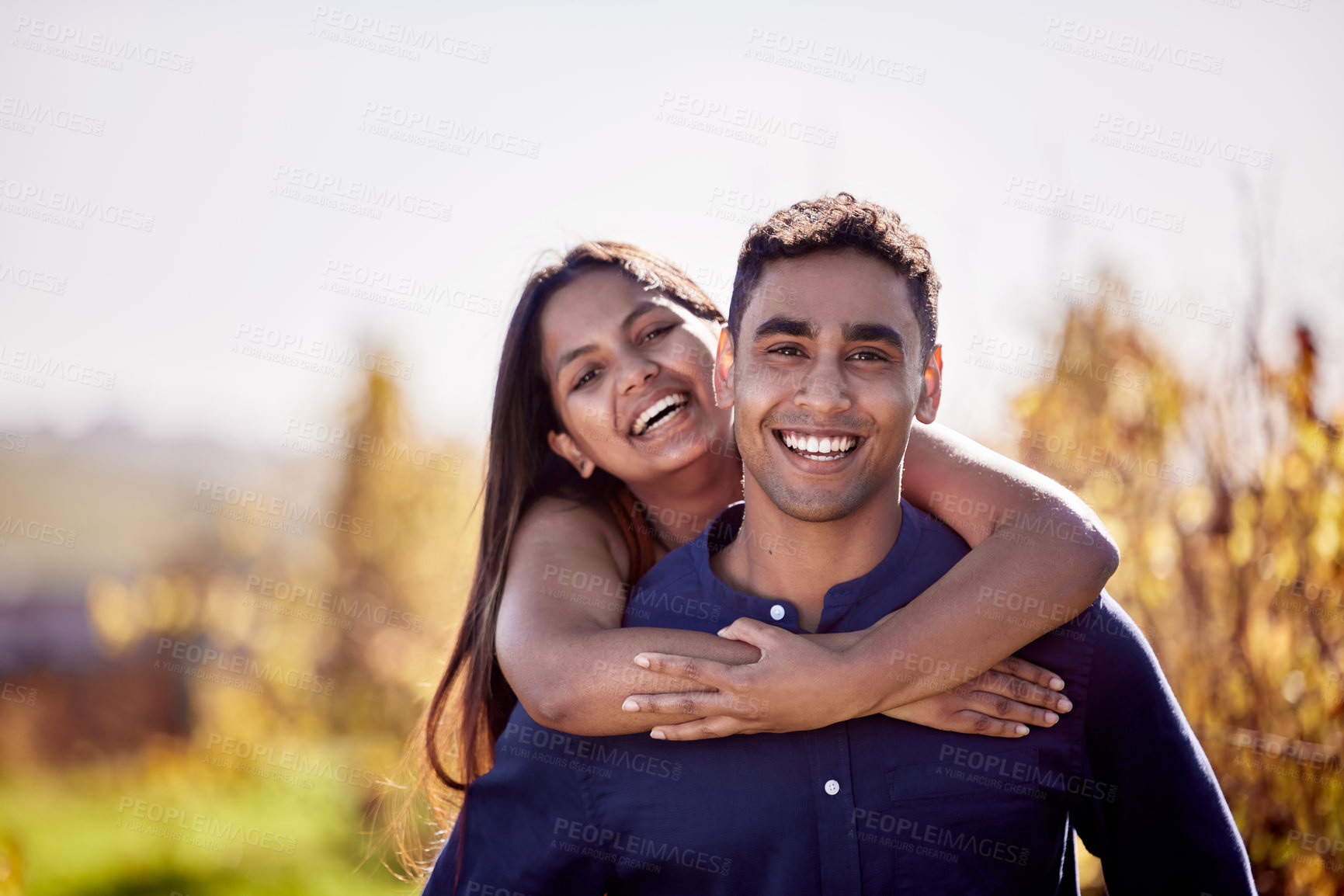 Buy stock photo Shot of a young couple having a date on a wine farm