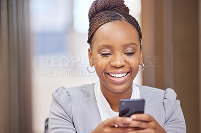 Buy stock photo Business, black woman or phone for networking on website, internet or social media to research at law firm. Smile, attorney or happy lawyer on mobile app for appointment notification, news or case
