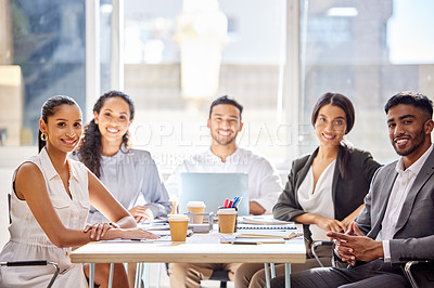 Buy stock photo Business people, portrait and group with smile, meeting and teamwork for collaboration at insurance agency. Men, women and diversity in modern office with happiness, planning and strategy with team