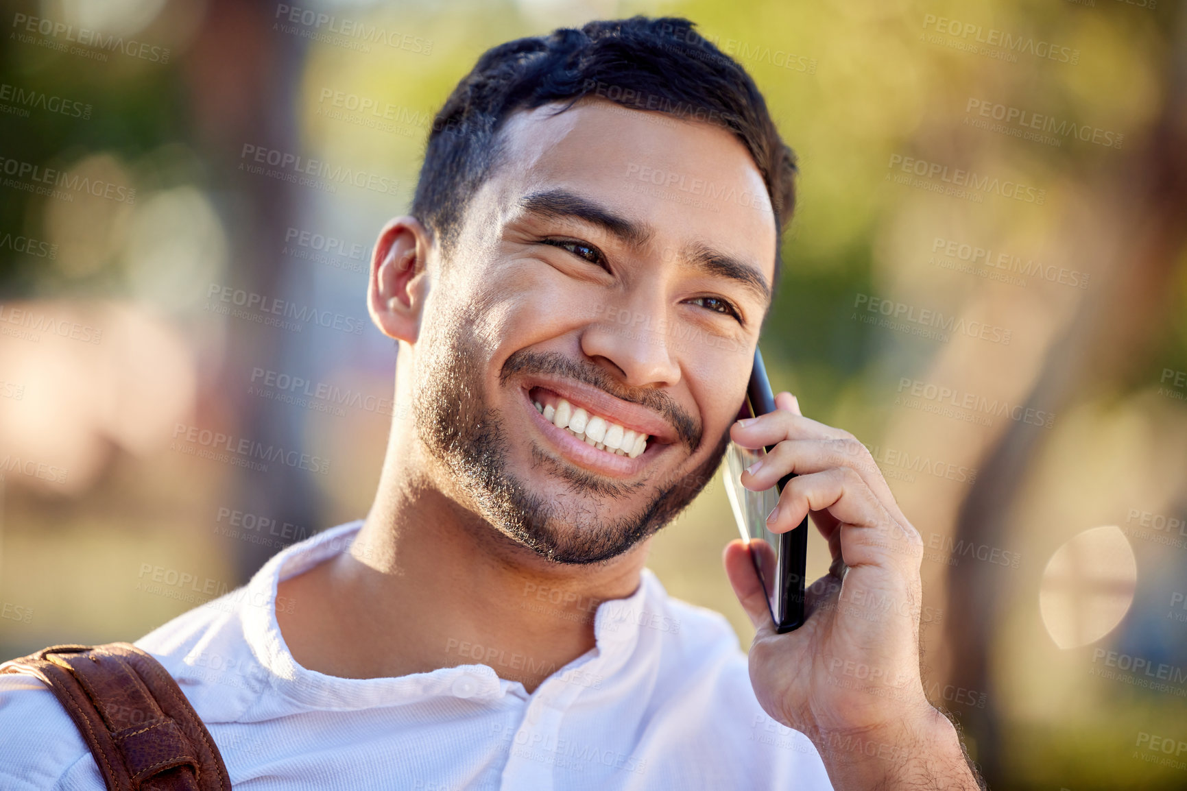 Buy stock photo Businessman, phone call and closeup with happiness and communication for justice, advocate for legal with tech. Male lawyer, park and mobile with smile for chat with results, attorney in city