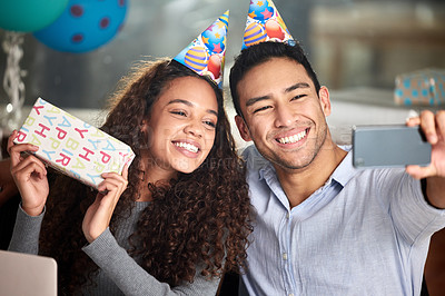 Buy stock photo Happy, couple or people take birthday selfie with party hats on for celebrating, relationship and bonding. Smile, man and woman together on special day with gifts for surprise, love and care in home