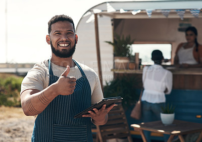 Buy stock photo Shot of a business owner giving the thumbs up