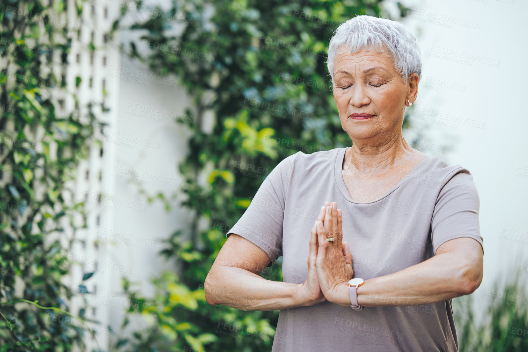 Buy stock photo Yoga, breathe and senior woman with prayer hands for meditation, wellness and calm in backyard. Outdoor, retirement and elderly person with morning routine for peace, holistic healing and health