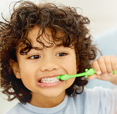 Buy stock photo Boy, smile or child in home brushing teeth for learning development morning routine in bathroom. Face, growth or happy kid cleaning mouth with toothbrush, dental hygiene or oral health for wellness