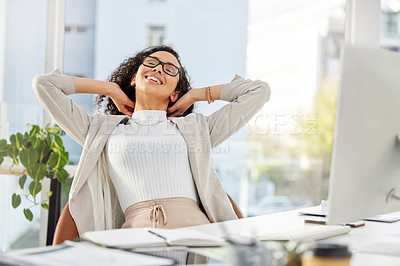 Buy stock photo Office, stretching and woman at desk with smile, computer and financial planning with time management. Relax, productivity and happy audit consultant at accounting business with notes on web research