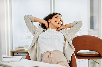 Buy stock photo Office, stretching and woman at desk with paperwork, notes and financial planning with time management. Relax, productivity and professional, businesswoman or audit consultant at accounting business