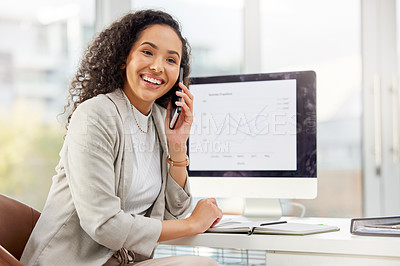 Buy stock photo Office, phone call and woman at desk with computer screen, networking and financial management. Smartphone, accounting and happy consultant with advice, online invoice and payment collection agency