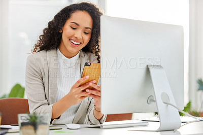 Buy stock photo Office, typing and happy woman at desk with smartphone, networking and connectivity with online chat. Phone, social media and consultant with mobile app for easy schedule planning at startup business