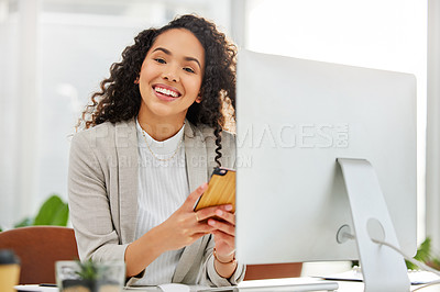 Buy stock photo Computer, phone and portrait of insurance agent or business woman on social media, internet or web in a startup. Happy, online and employee or entrepreneur working on agency project in office