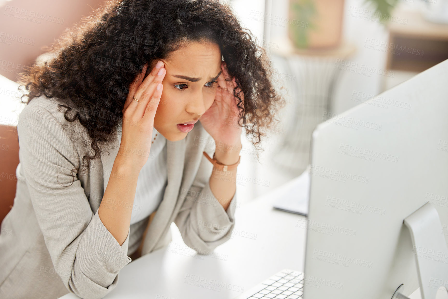 Buy stock photo Stress, headache and business woman in office with crisis, mistake or failure on computer. Burnout, migraine and exhausted female financial advisor working on desktop for bankruptcy in workplace.