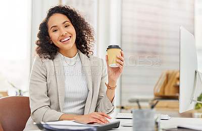 Buy stock photo Office, portrait and happy woman at desk with coffee, smile and computer at financial planning agency. Relax, advisor or consultant at desk with paper cup, confidence and admin at accounting business