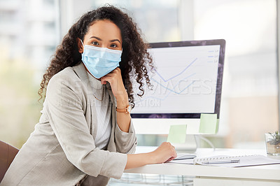 Buy stock photo Businesswoman and face mask with computer for planning, research and ideas to combat workplace virus or germs. Female person or employee with technology and paper for writing office health strategy