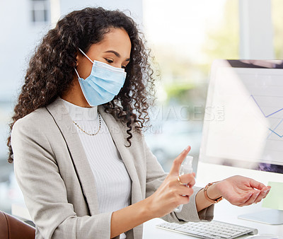 Buy stock photo Business, woman and hand with sanitiser in office for protection or safety of germs, disease and virus from spreading. Female person, health and spray with mask for cleaning or hygiene from pandemic