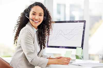 Buy stock photo Happy businesswoman and headphones for customer service, call centre and assistance. Excited, female person and crm with computer for telemarketing, communication and technical support in office