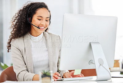 Buy stock photo Call center, computer and business woman in office for customer service, contact us or communication. Sales, consulting and telemarketing with female employee for help desk and technical support