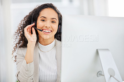 Buy stock photo Call center, online and portrait of business woman in office for customer service, contact us or communication. Sales, consulting and telemarketing with employee for help desk and technical support