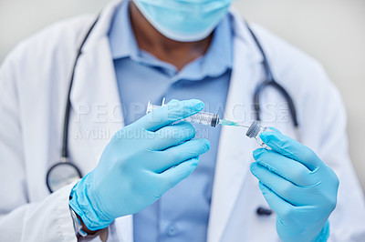 Buy stock photo Doctor, needle and syringe for medical research, bottle and hands for medicine or cure. Injection, person and scientist for life extension drugs, futuristic and healthcare for pathology testing