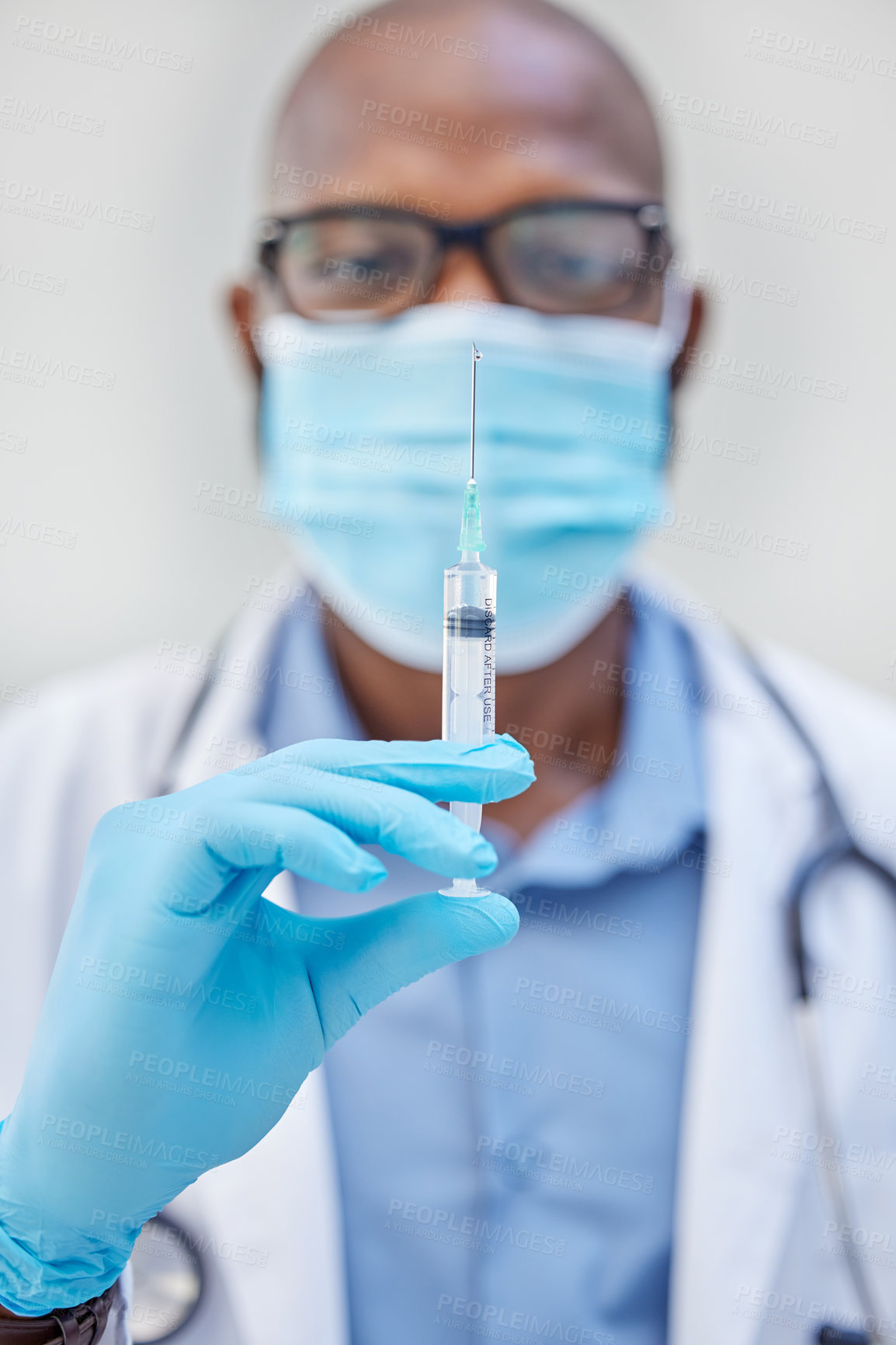 Buy stock photo Black man, doctor and syringe for medical research, hands and hospital for medicine or cure. Injection, clinic and scientist for life extension drugs, futuristic and health care for pathology testing