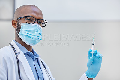 Buy stock photo Portrait, black man and syringe for medical research, injection and medicine or cure. Hospital, clinic or futuristic science for life extension drugs, health care and pathology or pharmaceutical test