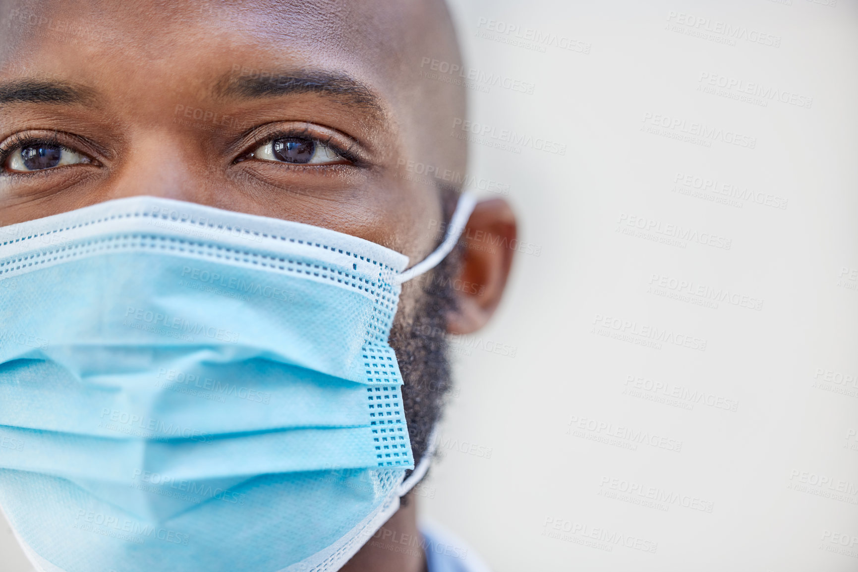 Buy stock photo Doctor, black man or face mask for safety, protection and coronavirus compliance on grey background. Closeup, studio and African person with medical regulations for virus, pandemic and covid policy