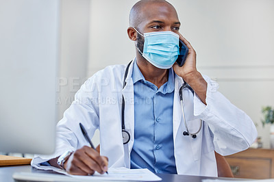 Buy stock photo Notebook, phone call and doctor black man in mask at hospital for appointment or medical consulting. Pen, thinking and writing with healthcare professional at desk in office of clinic for checkup