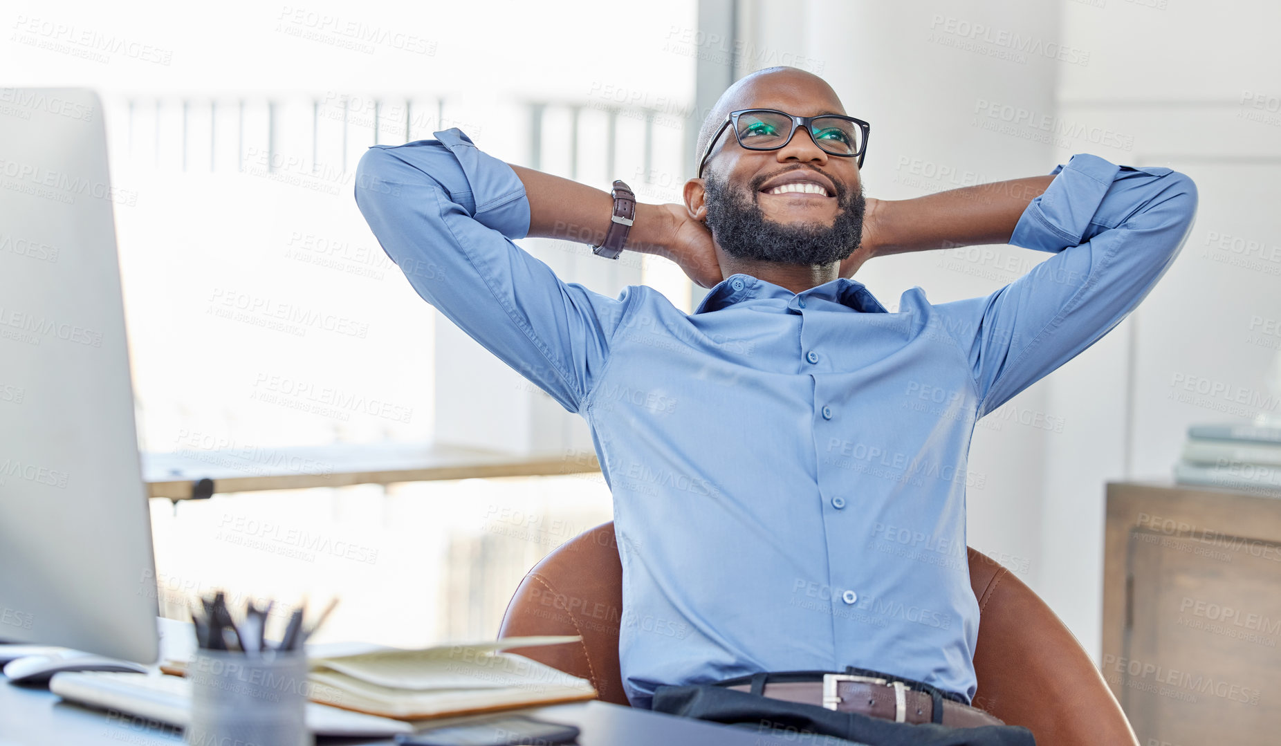 Buy stock photo Black man, stretching and thinking with smile in office during break, resting or relaxing and notes on table. Business, career or professional consultant with new idea, thought or corporate strategy