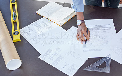 Buy stock photo Hand, man and blueprint for planning in office with pencil for drawing a building design, layout and project as architect. Table, construction and engineering person with idea for renovations