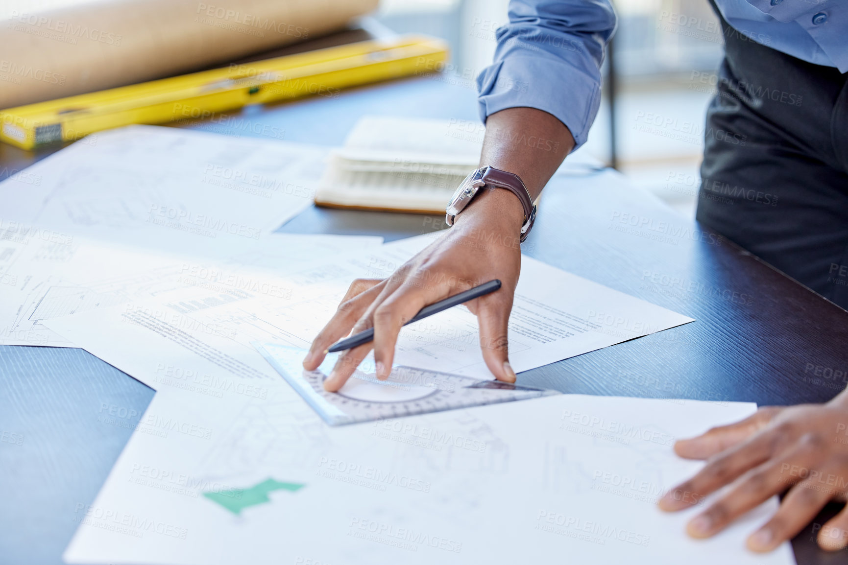 Buy stock photo Hands, man and drawing on blueprint in office with pencil for planning a building design, layout and project as architect. Table, construction and engineering person with idea for renovations