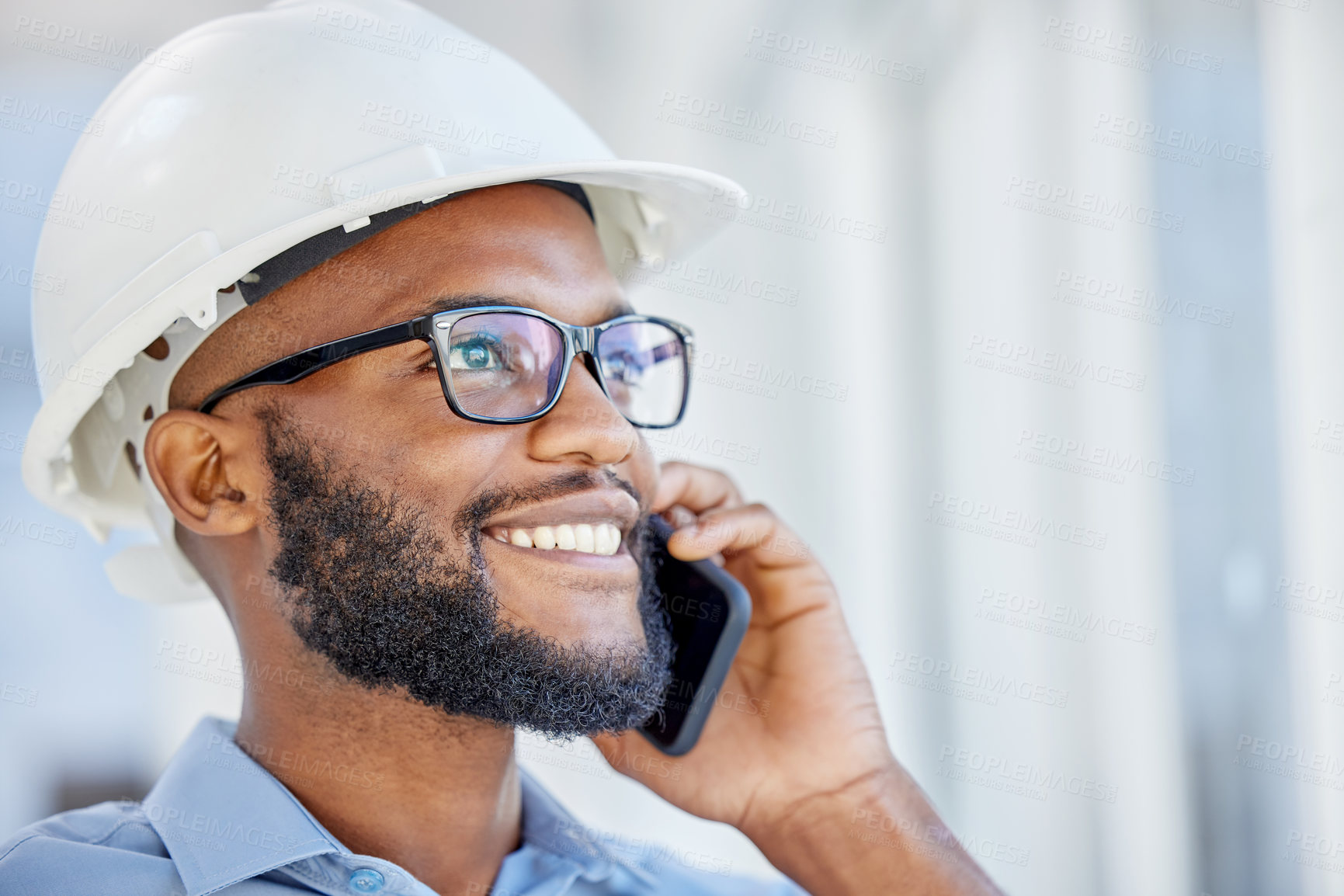 Buy stock photo Happy, black man and architect with face and smartphone for networking or conversation with contractors. Excited, businessman and architecture with phone for communication with builders on renovation