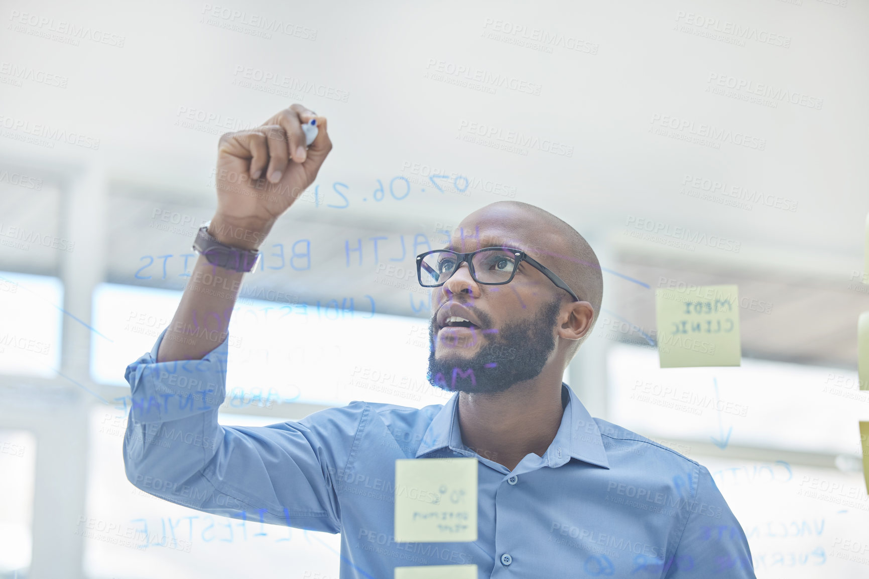 Buy stock photo Black man, board room and employee on glass wall for brainstorming or ideas with sticky notes for business. Project manager, office and task withgoalsl, planning and vision for company growth