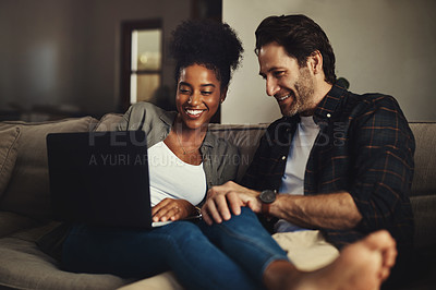 Buy stock photo Laptop, relax and streaming with a couple watching a movie using an online subscription service for entertainment. Computer, internet or interracial man and woman bonding together over a video