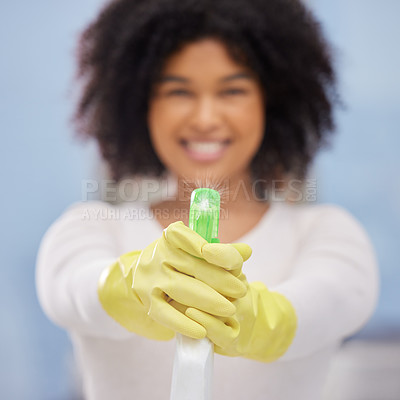 Buy stock photo Spray, detergent and gloves for cleaning, portrait and safety from bacteria, germs and hands of woman. Bottle, water and soap for dirt, cleaner and chemical for sanitation, service and hygiene home