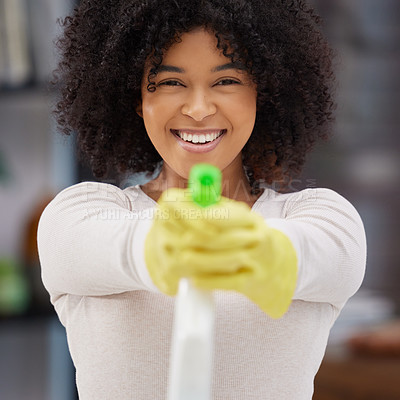 Buy stock photo Portrait, home and woman with spray bottle, spring cleaning and housekeeping with smile, container and remove bacteria. Face, happy person and girl with liquid product, hygiene and gloves for safety