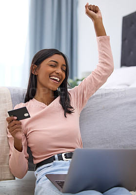 Buy stock photo Laptop, excited and Indian girl with credit card, online shopping and lounge of home, sale and discount in store. Apartment, wow and smile of person, happy and ecommerce with internet and computer