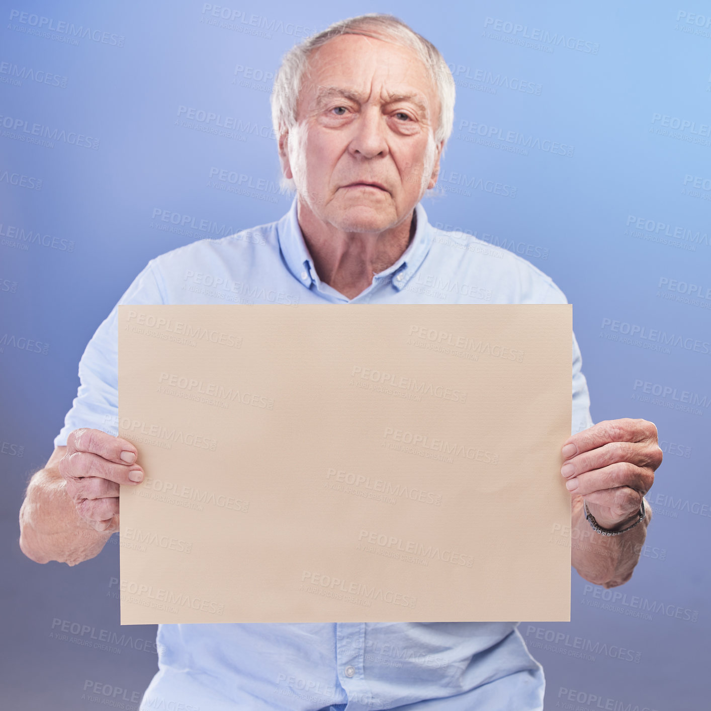 Buy stock photo Sign, mockup and senior man with poster info for pension crisis or healthcare cost in studio background. Elderly, stress or portrait with advice on paper for government finance, announcement or news