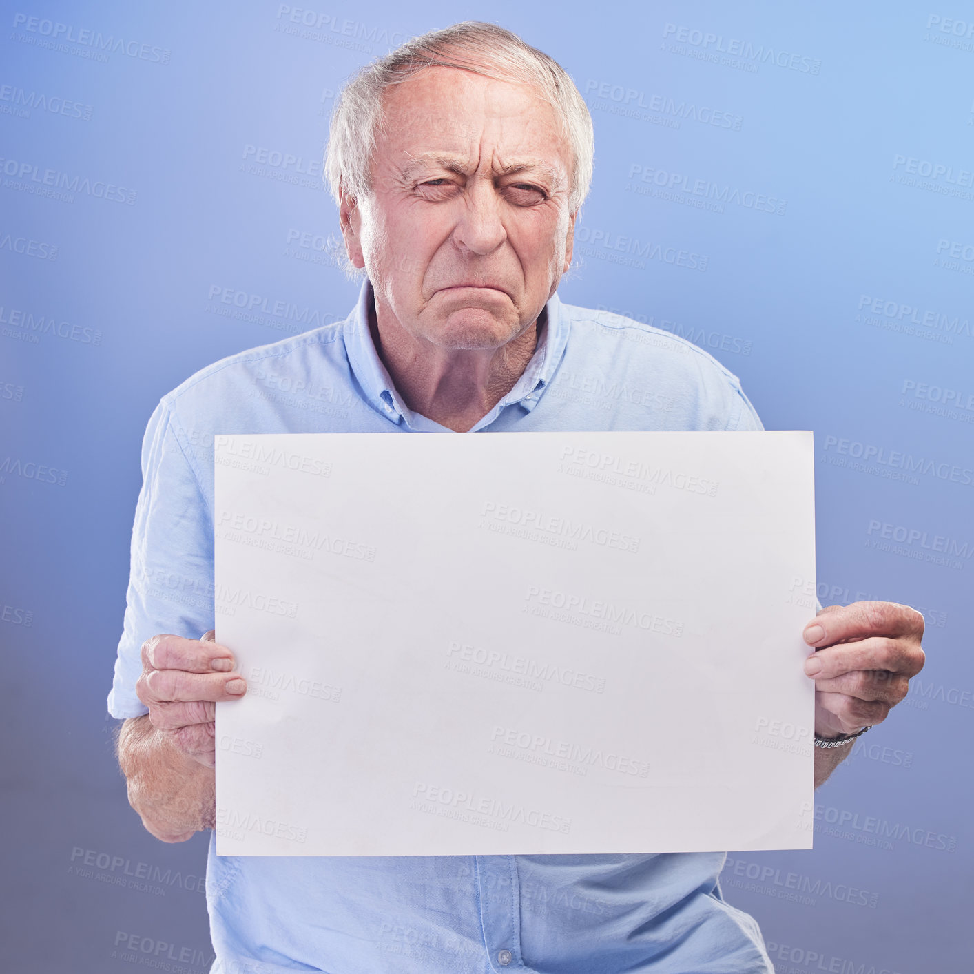 Buy stock photo Sad, sign and elderly man with poster with info for pension and life insurance mockup in studio background. Senior, person and crying with advice on board in retirement with announcement and portrait