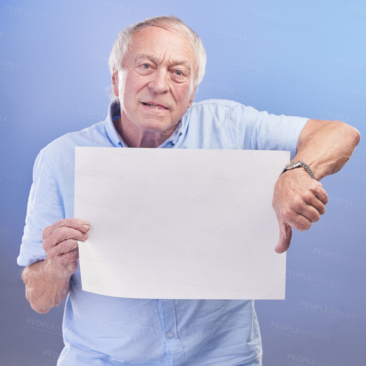 Buy stock photo Poster, sign and senior man with thumbs down for info on retirement or pension mockup in studio background. Elderly, person or bad advice on board for finance feedback, announcement or fake news vote