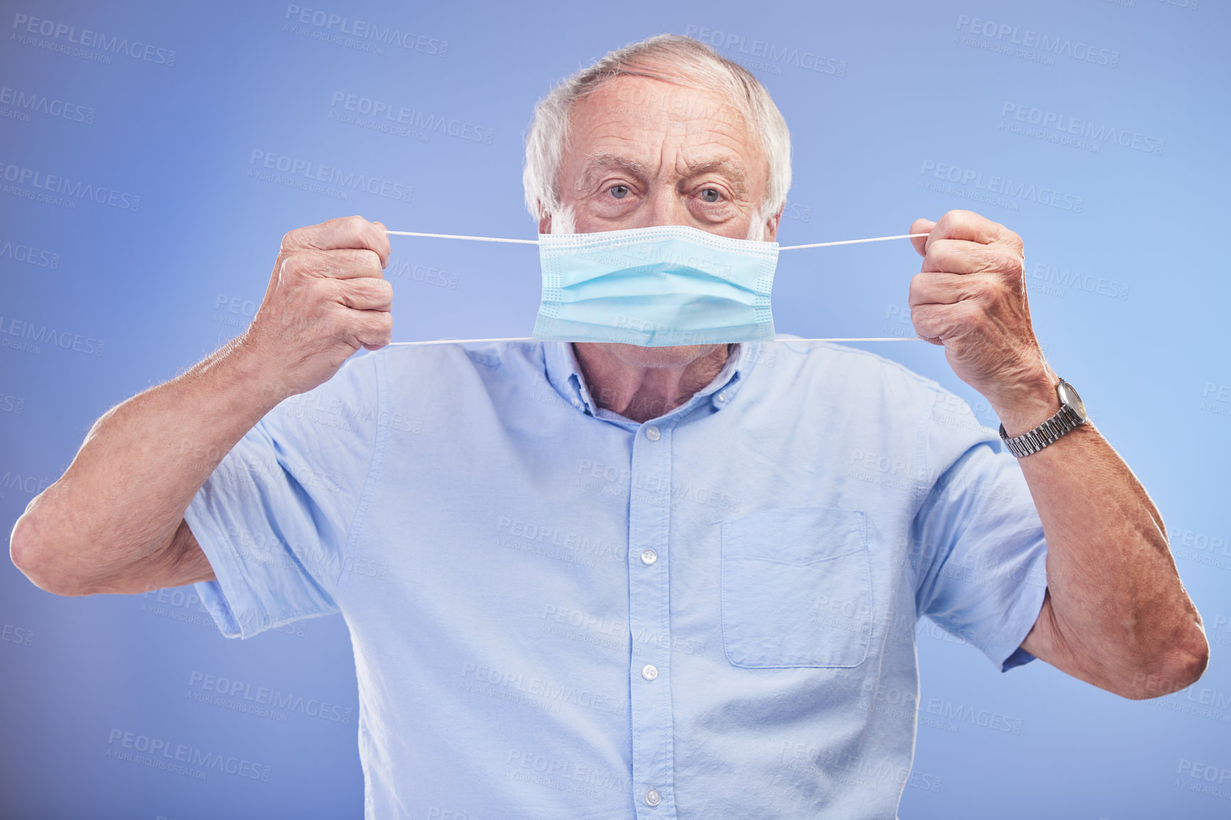 Buy stock photo Elderly man, portrait and face mask for germs in studio, promote healthcare and prevention of virus. Male person, sick and insurance for wellness on blue background, protocol and protect against flu