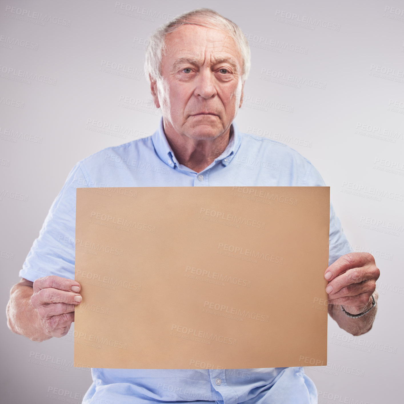 Buy stock photo Sign, mockup and elderly man with poster with info for pension and retirement in studio background. Senior, person and paper with advice on cardboard for opinion feedback, announcement and news