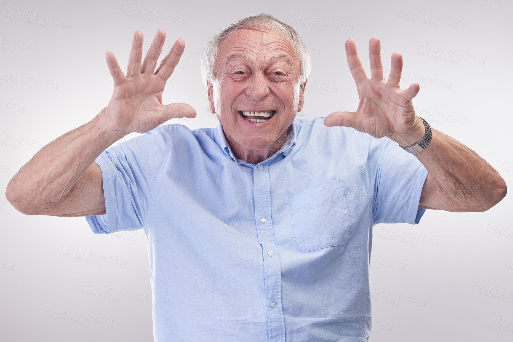 Buy stock photo Old man, portrait and hands or playful surprise in studio or retirement announcement, excited or white background. Male person, face and deal for senior discount or good news, alert or notification