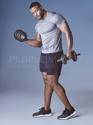 Buy stock photo Weights, man and portrait with gym gear for training, exercise and workout in studio. Muscle, strong arm and athlete fitness with sport health and wellness with strength practice and blue background