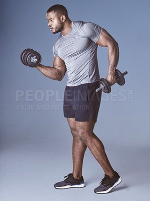 Buy stock photo Weights, man and thinking with gym gear for training, exercise and workout in studio. Muscle, strong arm and athlete fitness with sport health and wellness with strength practice and blue background