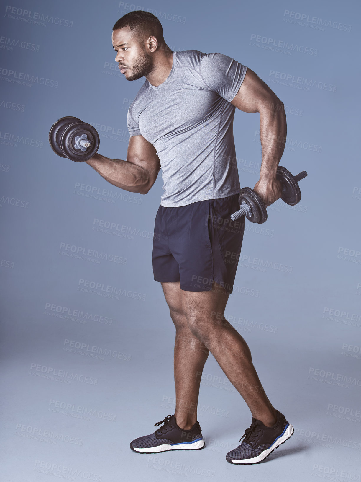 Buy stock photo Weights, man and thinking with gym gear for training, exercise and workout in studio. Muscle, strong arm and athlete fitness with sport health and wellness with strength practice and blue background