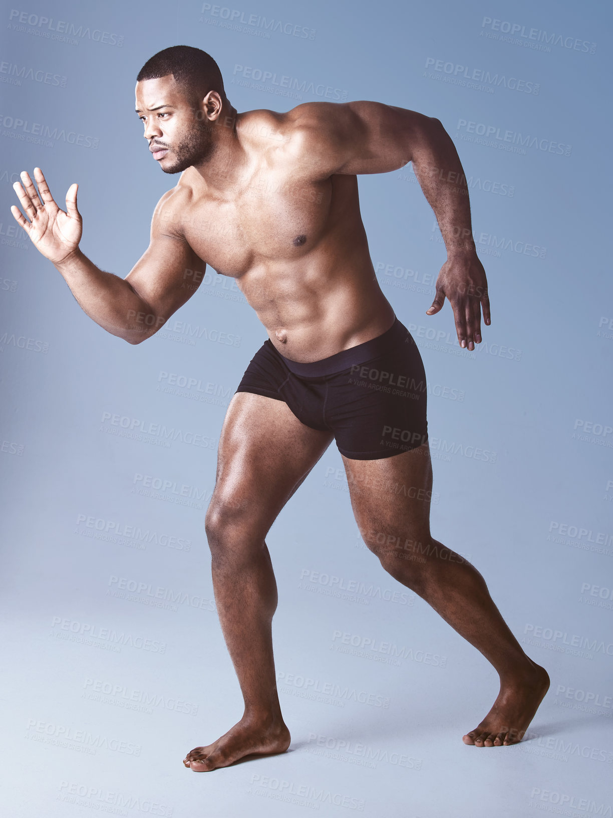 Buy stock photo Fitness, bodybuilder and underwear in studio for wellness, healthcare and workout or exercise. Black man, body and shirtless for training, sports and athlete by purple background with confidence