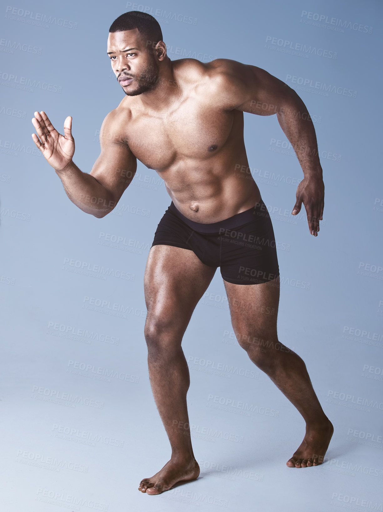 Buy stock photo Athlete, bodybuilder and underwear in studio for fitness, healthcare and workout or exercise. Black man, wellness and shirtless for training, sports and male person by purple background with pride