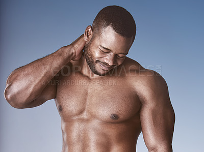 Buy stock photo Injury, neck pain and black man in studio with muscle tension, inflammation or discomfort on gradient background. Sports, bodybuilder and male person for sprain, arthritis or weightlifting accident 