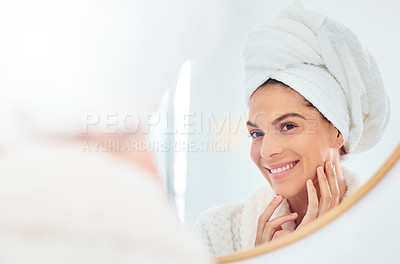 Buy stock photo Woman, mirror and hands on face for skincare, smile and anti aging cosmetic results in bathroom. Facial, beauty and female touching soft, glow and smooth skin after luxury dermatology routine at home