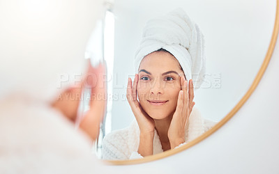 Buy stock photo Mirror, woman and hands on face for skincare, check and anti aging cosmetic results in bathroom. Facial, beauty and female touching soft, glow and smooth skin after luxury dermatology routine at home