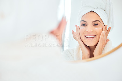 Buy stock photo Mirror, skincare and face cream for woman in bathroom for dermatology, anti aging and wellness in her home. Facial, sunscreen and happy female person with lotion, spf or glowing skin beauty treatment