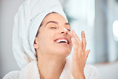 Buy stock photo Skincare, bathroom and face cream for happy woman with dermatology and morning wellness in her home. Facial, sunscreen and female person with clean mask, creme or skin collagen beauty lotion